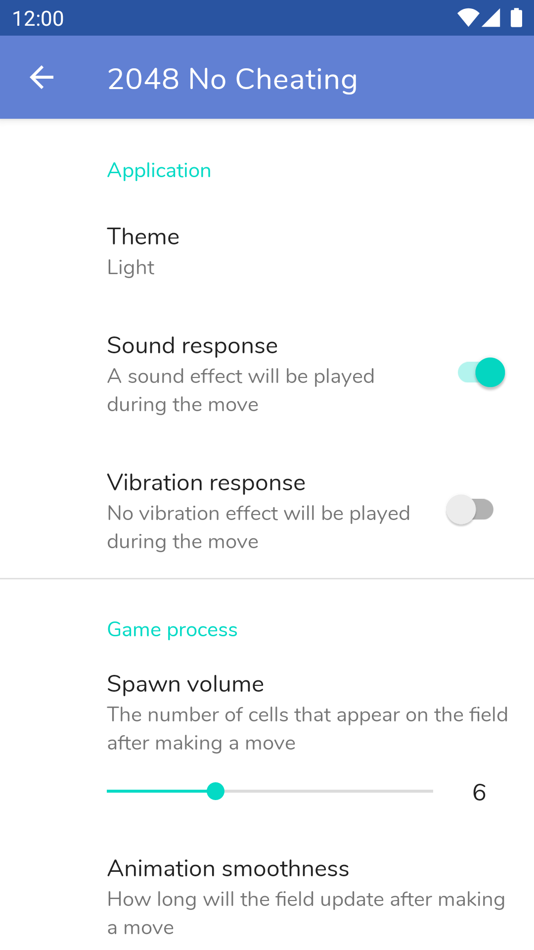 Settings menu portrait screen